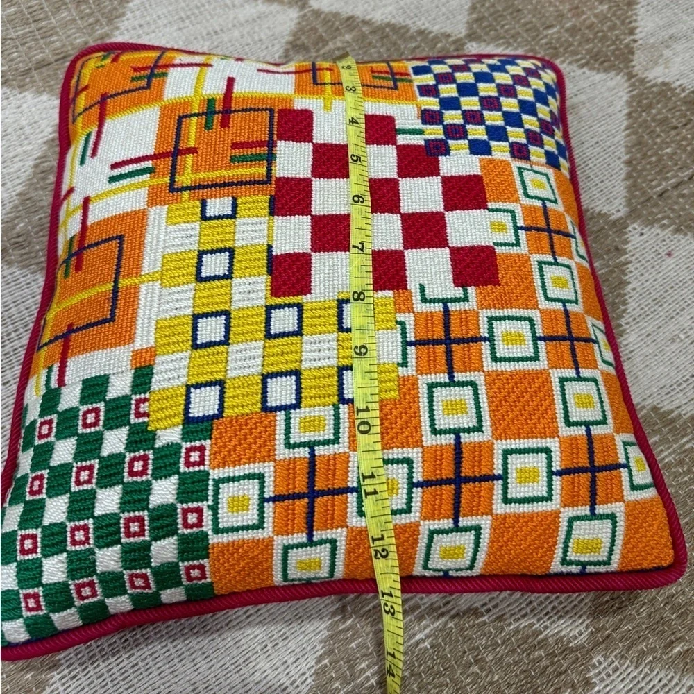 Needlepoint pillow colorful avantgarde abstract shapes checkered handmade square